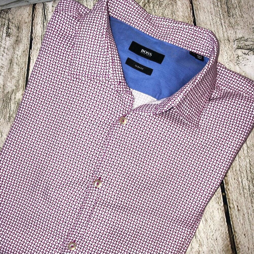 BOSS‎ by Hugo Boss Dress Shirt | Raymundo Slim Fit | Magenta Pattern | Men’s XL